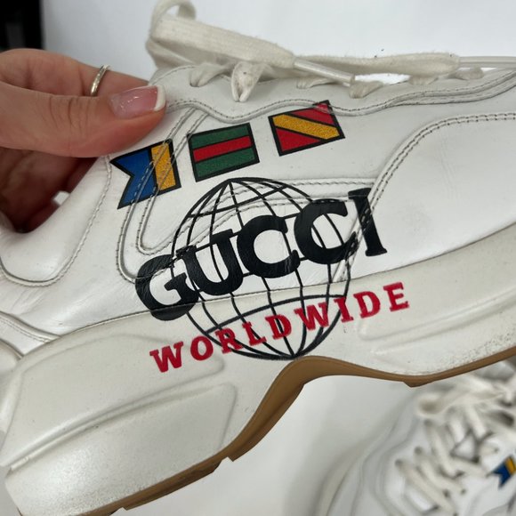 $890 Gucci Worldwide White Leather Rython Platform Sneakers Mens 8 W 9.5/10 - Picture 7 of 13